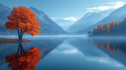 Poster - Solitary Autumn Tree Reflecting in Pristine Lake Amidst Snow-Capped Mountains : Generative AI