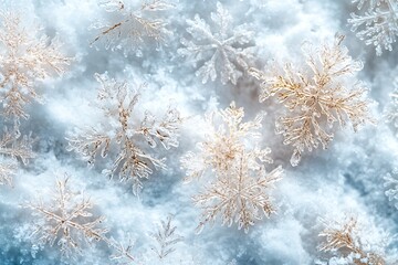 Aufkleber - Closeup of intricate snowflakes resting on soft snow crystals under bright winter sunlight : Generative AI