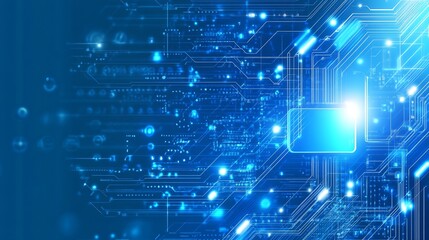 Poster - Futuristic Blue Digital Circuit Board with Glowing Microchip Elements for Technology Themes : Generative AI