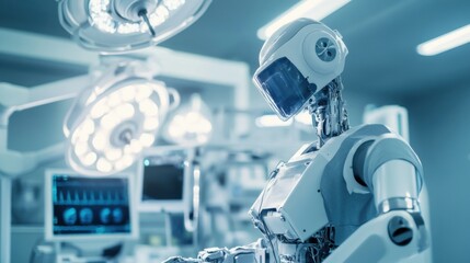 Leinwandbilder - A robotic doctor performing surgeries in a futuristic hospital operating theater, clinical and advanced setting with surgical robots and medical monitors, Futuristic Surgery Robotics style