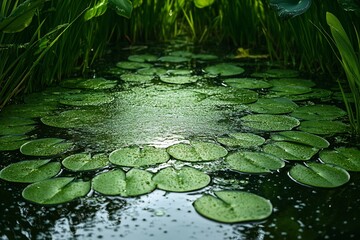 Poster - Vibrant green lily pads on a serene pond surface with reflections of nature : Generative AI