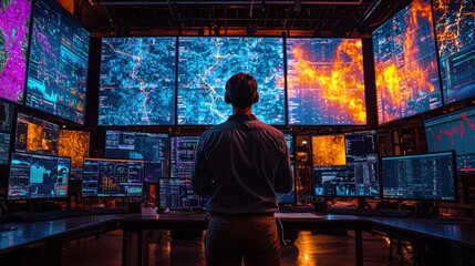 Poster - Data Analyst Working in a Control Room with Multiple Screens Showing Complex Data Visualizations