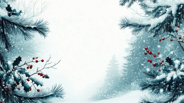 Snow-dusted border of pine branches and holly, framing a soft white space ideal for holiday messages.