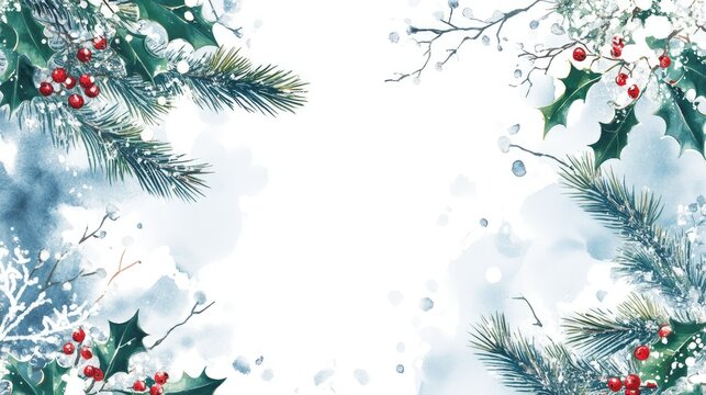 Snow-dusted border of pine branches and holly, framing a soft white space ideal for holiday messages.