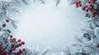 © sarun - Snow-dusted border of pine branches and holly, framing a soft white space ideal for holiday messages.