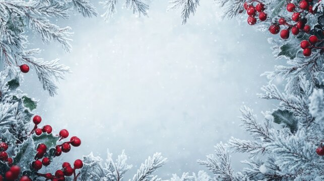 Snow-dusted border of pine branches and holly, framing a soft white space ideal for holiday messages.