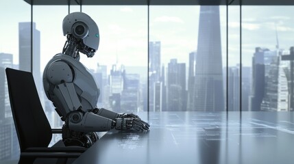 Poster - A robotic entrepreneur presenting a groundbreaking tech startup pitch in a futuristic skyscraper boardroom
