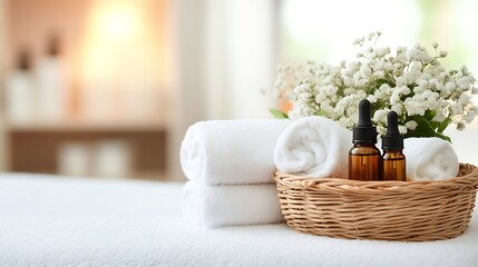 Poster - Tranquil Home Spa Interior with Essential Oils Towels and Beautiful Floral Arrangement : Generative AI
