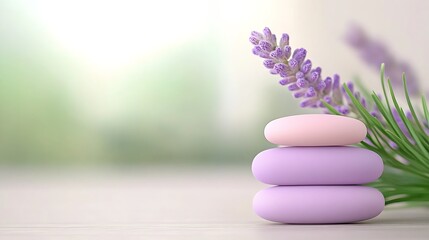 Poster - Serene Spa Scene with Smooth Stone Stack and Fragrant Lavender Flowers for Relaxation and Tranquility : Generative AI