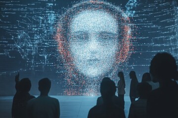 Aufkleber - Visitors engage with an interactive abstract AI system showcasing a digital face during an exhibition at a contemporary art space. Generative AI