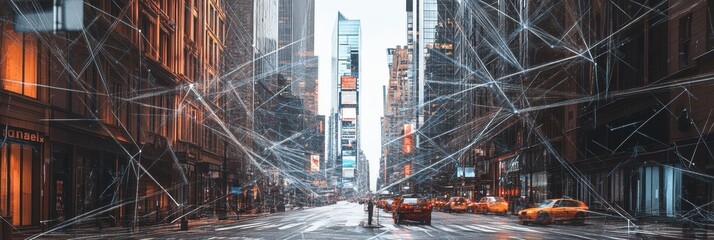 Poster - Buildings in a vibrant smart city are linked by an advanced AI network, enhancing urban connectivity and efficiency. Generative AI