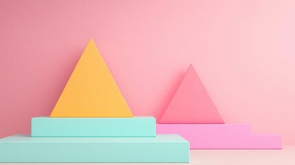 Poster - A pastel-colored geometric arrangement featuring two triangles on stacked blocks against a soft pink background.