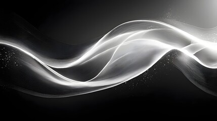 Poster - An abstract image featuring smooth, flowing waves of translucent white and silver lines on a dark background, creating a sense of elegance and motion.