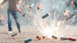 © pattozher - Fireworks Malfunction: A dramatic close-up captures the chaotic aftermath of a firework exploding prematurely, scattering debris on the ground with a person blurred in the background.