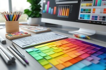 Poster - A vibrant workspace featuring color swatches, tools, and a computer displaying graphs, ideal for design and creativity.