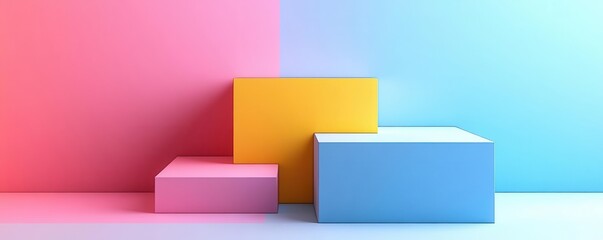 Poster - A modern composition of colorful geometric shapes set against a vibrant pink and blue backdrop, creating a playful and artistic atmosphere.