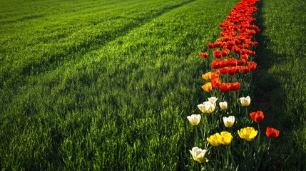Poster - A vibrant display of colorful flowers adorns a lush green meadow, showcasing the beauty of spring with bright blooms along the ground. Generative AI