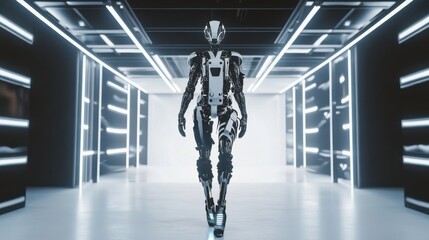 Poster - A robotic fashion stylist creating avant-garde outfits for a futuristic runway show, avant-garde and fashion-forward setting with runway lights and high-tech fashion designs