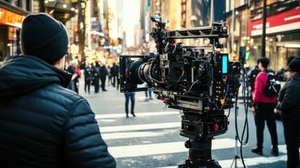 Poster - A robotic filmmaker shooting a blockbuster action scene on a bustling city street, cinematic and urban setting with film crew and special effects equipment, City Blockbuster Filmmaker Robotics style