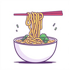 Wall Mural - 2408_039.A simple vector icon illustration depicting a medium-sized wooden chopsticks, viewed from the side, ramen noodles inside, strong outline, at center for a website isolated white background