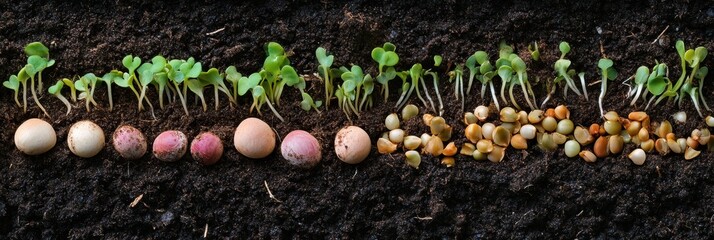 Aufkleber - Fresh sprouts and seeds sit on dark soil, illustrating the various stages of plant growth and the promise of new life in nature. Generative AI