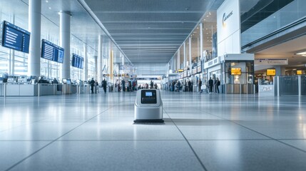 Poster - A robotic janitor cleaning a busy airport terminal, modern and bustling setting with travelers and digital displays, Service Robotics style