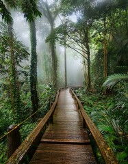 Wall Mural - Misty morning on a wooden path winding through a lush green forest.