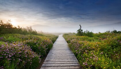 Wall Mural - Misty sunrise over a wooden boardwalk path through a vibrant wildflowers meadow.