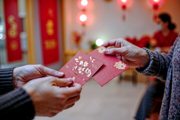 New Year’s Red Envelope Exchange, traditional and symbolic style, two people exchanging red envelopes with golden designs, indoor space decorated with red banners and lanterns, soft evening lighting, 