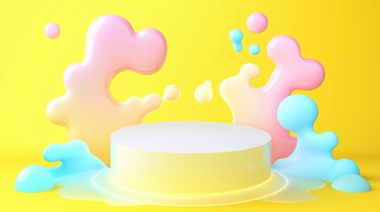 Poster - Colorful Abstract Composition with Circular Platform and Splashing Shapes in Pastel Shades on Bright Yellow Background for Creative Visuals and Designs