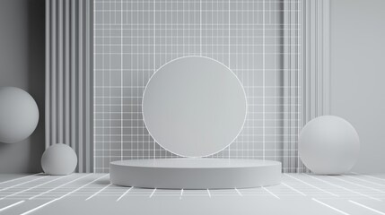 Poster - Minimalistic Studio Setup Featuring Geometric Shapes and Grids for Modern Product Photography and Creative Display Concepts in Neutral Tones