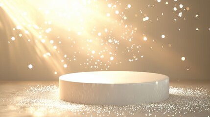Poster - Glowing Circular Platform with Shimmering Particles and Soft Light Rays in an Ethereal Background for Creative Visuals and Stunning Presentations
