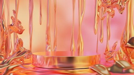 Poster - Abstract Fluid Background with Golden and Pink Colors, Showcasing a Circular Platform and Dripping Liquid Art Creates a Modern and Stylish Display Setting