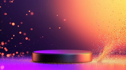 Poster - Vibrant Stage with Colorful Lights and Sparkles for Showcasing Products or Presentations in a Modern Creative Environment