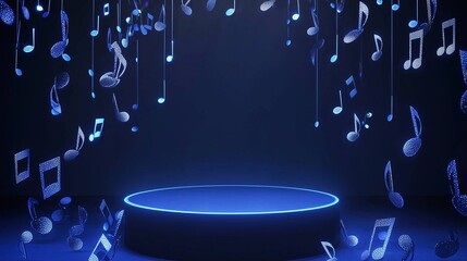 Poster - Abstract Blue Music Notes Floating in Air Over a Dark Background with a Circular Stage Illuminated by Soft Neon Light