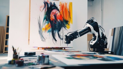 Poster - A robotic painter creating an artwork in a modern studio, creative and minimalist setting with art supplies and digital tools, Artistic Robotics style