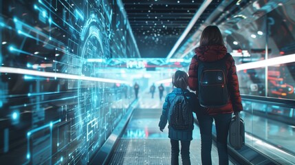 Poster - Mother and child with backpacks walking on a moving walkway in a futuristic tunnel illuminated by bright digital holographic displays showing complex data and information