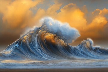 Wall Mural - majestic ocean waves crashing under golden clouds at sunset, capturing the beauty of nature's dynami