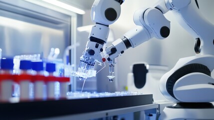 Poster - A robotic scientist conducting experiments in a cutting-edge research laboratory, innovative and sterile setting with advanced scientific equipment and specimens, Scientific Robotics style