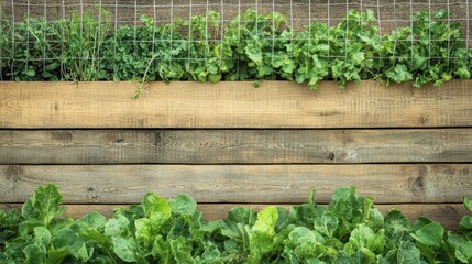 Poster - The wooden fence creates a charming backdrop for lush green garden beds filled with healthy vegetables and aromatic herbs in a sunny yard. Generative AI