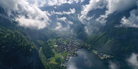 Wall Mural - Aerial View of Hallstatt with the Village, Lake, and Majestic Alpine Scenery