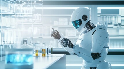 Poster - A robotic scientist conducting experiments in a futuristic lab, advanced research environment with digital interfaces and lab equipment, Scientific Robotics style
