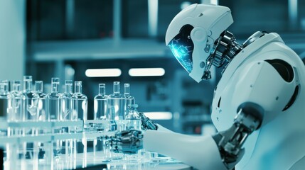 Poster - A robotic scientist conducting experiments in a futuristic lab, advanced research environment with digital interfaces and lab equipment, Scientific Robotics style