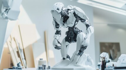 Fototapete - A robotic sculptor carving a statue in a futuristic art studio, creative and clean setting with art supplies and digital tools, Artistic Robotics style