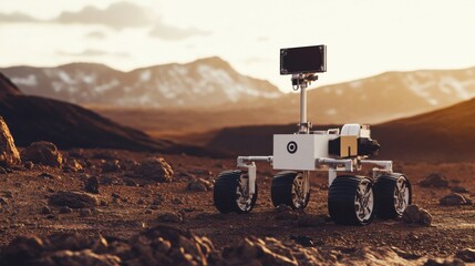 Poster - A robotic space explorer collecting samples on the surface of Mars, space exploration and planetary setting with red Martian terrain and scientific equipment