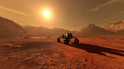 Poster - A robotic space explorer collecting samples on the surface of Mars, space exploration and planetary setting with red Martian terrain and scientific equipment