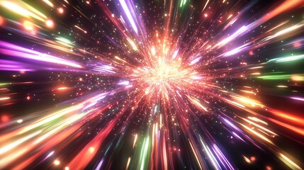Wall Mural - colorful light streaks radiating from central explosion in dark space.