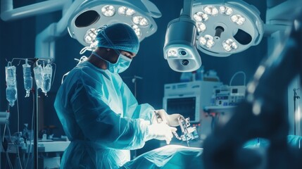 Leinwandbilder - A robotic surgeon performing a delicate operation in a futuristic hospital, sterile and high-tech operating room setting with surgical equipment and medical staff, Surgical Robotics style