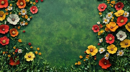 Poster - A variety of bright flowers in red, yellow, white, and orange flourish amidst a vibrant green meadow, showcasing nature's beauty in spring. Generative AI