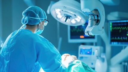 Leinwandbilder - A robotic surgeon performing remote surgery on a patient in a rural medical clinic, medical and rural setting with telemedicine equipment and surgical precision